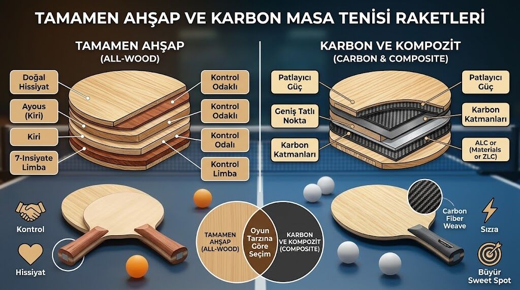 Tamamen Ahşap ve Karbon Masa Tenisi Raketleri